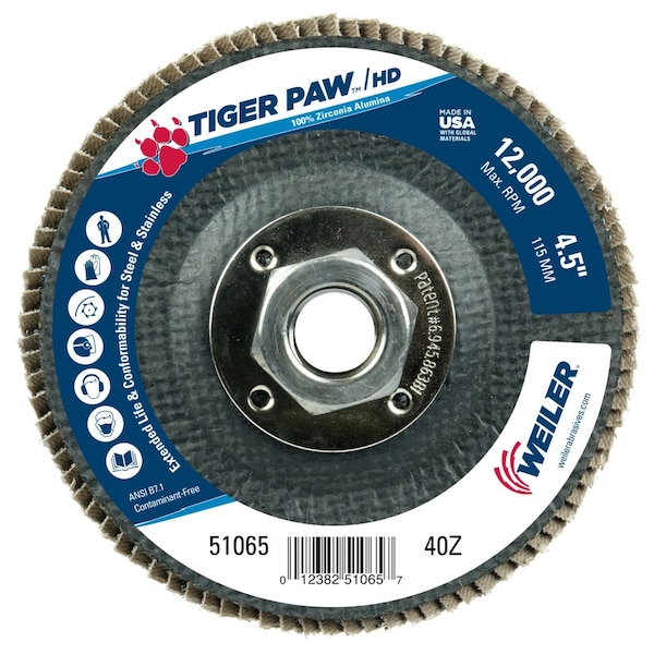 Weiler 4-1/2" Tiger Paw Density Flap Disc, Angled (TY29), 40Z, 5/8"-11 UNC 51065 - main